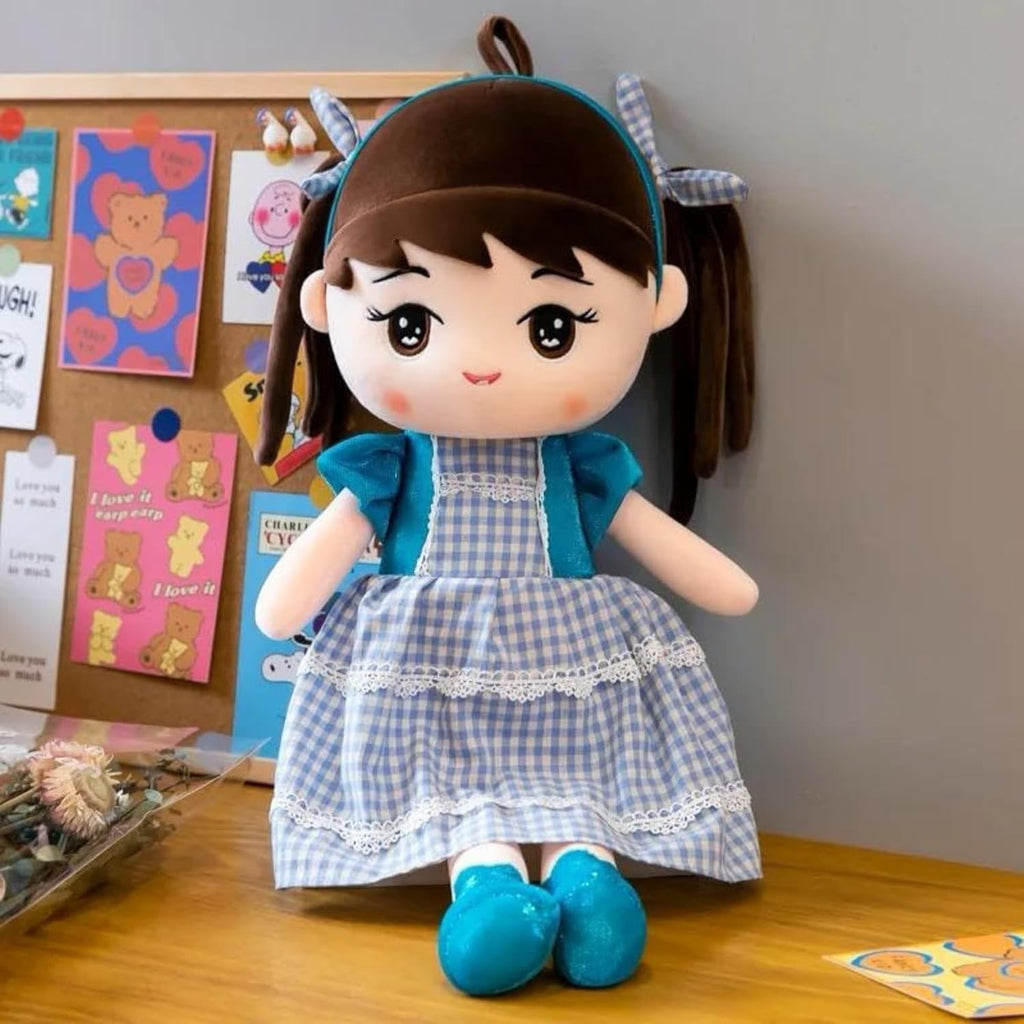 Tickles Cute Princess Doll with Gingham Pattern Dress Soft Stuffed Plush Toy for Kids Blue Colour 45 cm