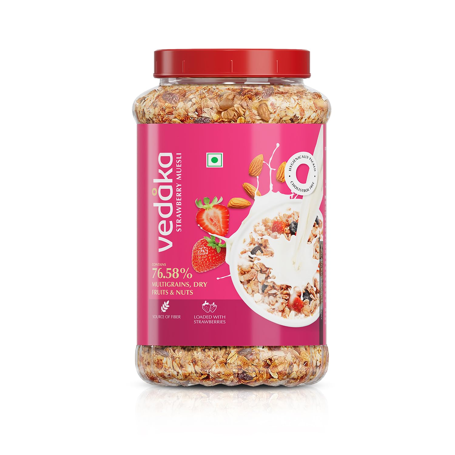 Vedaka Strawberry Muesli | 1 Kg | Jar | Contains 76.58% of Dry Fruits, Nuts and Multigrains | Source of Fiber | Loaded with Strawberries