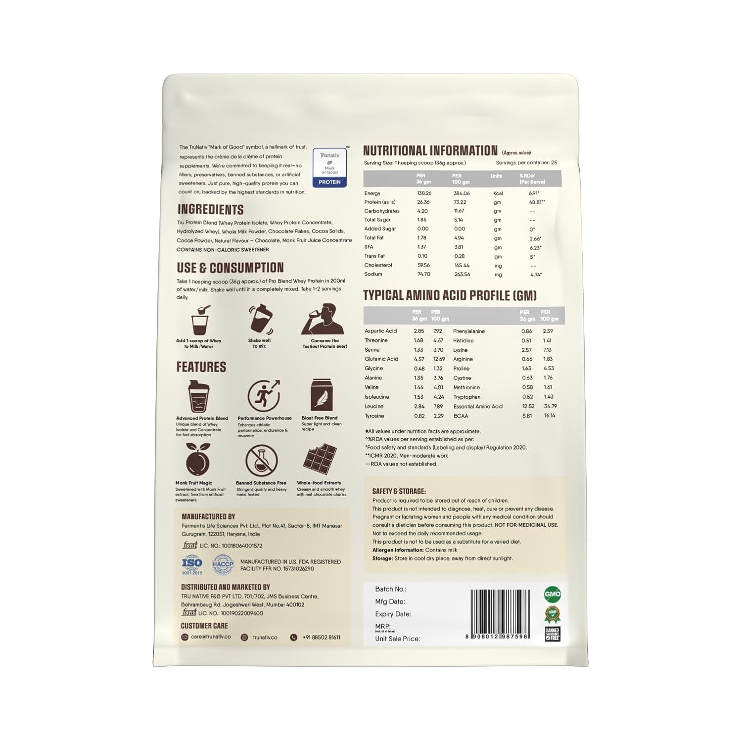 Trunativ Pro Blend Whey Protein Powder Isolate & Concentrate | 100% Light & Clean Protein Powder | 26g Protein | 6g BCAA | 12.52g EAA | No added sugar | Choco Crunch 2lbs (907g)