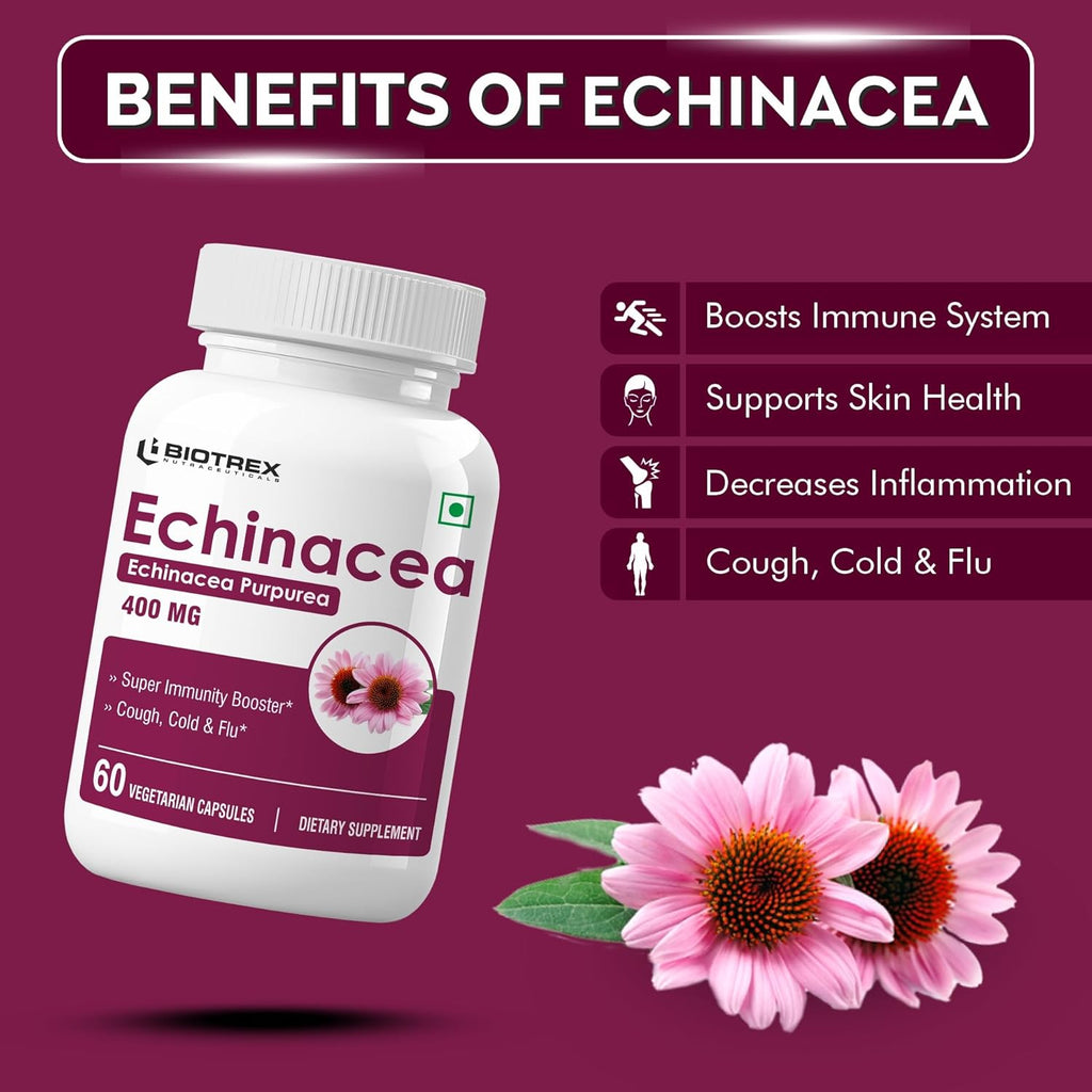 Biotrex Nutraceuticals Echinacea 400mg | Immunity & Anti-inflammatory Effects | Antioxidant Properties | Skin Health & Overall Wellbeing â€“ 60 Veg Capsules