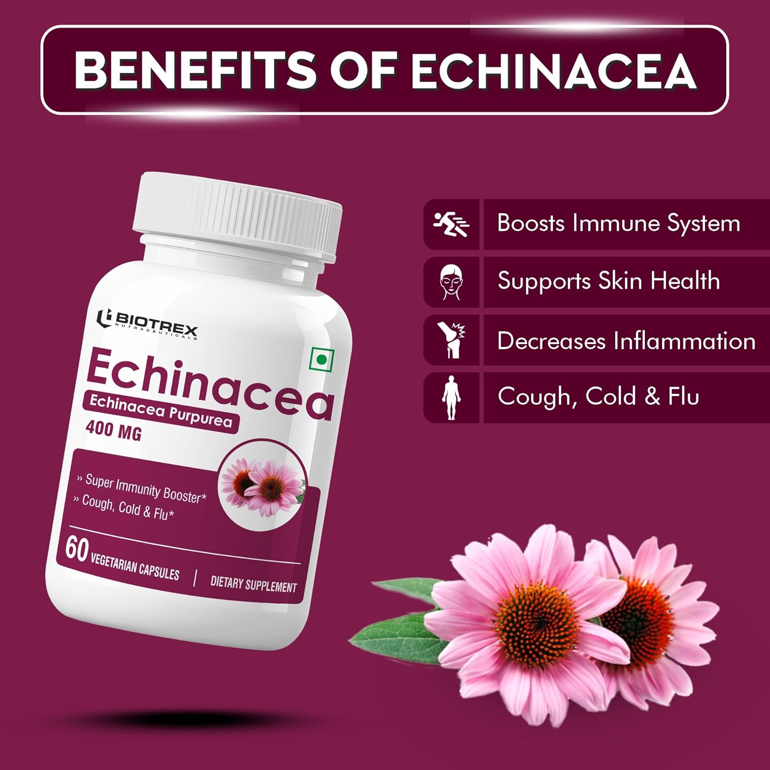 Biotrex Nutraceuticals Echinacea 400mg | Immunity & Anti-inflammatory Effects | Antioxidant Properties | Skin Health & Overall Wellbeing â€“ 60 Veg Capsules