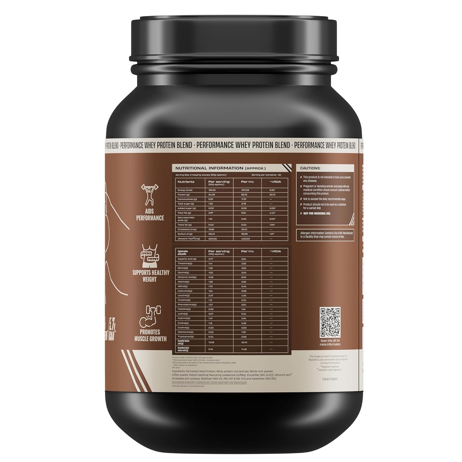 BeastLife Performance Whey Protein Blend | 34g Protein | 5.7g BCAA | 1Kg | Cold Coffee | Muscle Growth & Recovery | Easy to Digest with Ultrasorb Tech | Smooth & Easy to Mix | Contains Whey Protein Concentrate & Yeast Protein