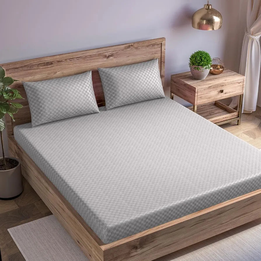 Trance Home Linen Skin Friendly 100% Cotton Jacquard Weave Fitted Bedsheet for Queen Size Bed with 2 Pillow Cover Premium 300TC Colour Silver Grey