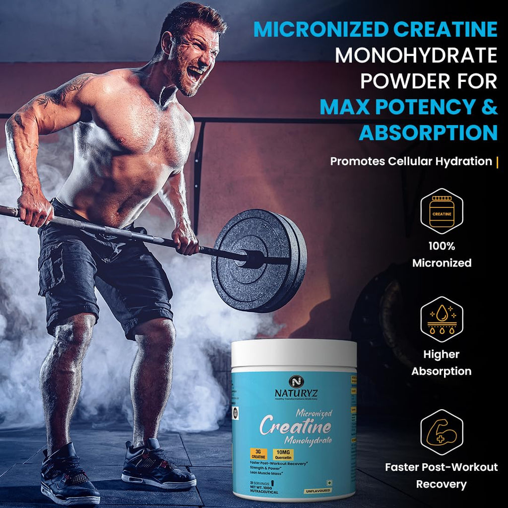 NATURYZ Pure Micronized Creatine Monohydrate | Rapid Absorption | Quercetin | Muscle Strength & Power for Intense Workout | Supports Athletic Performance | Enhances Lean Muscle Volume - 100g(Unflavoured)