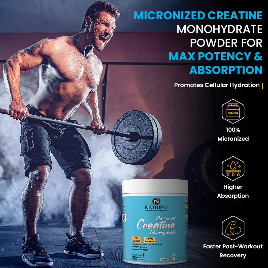 NATURYZ Pure Micronized Creatine Monohydrate | Rapid Absorption | Quercetin | Muscle Strength & Power for Intense Workout | Supports Athletic Performance | Enhances Lean Muscle Volume - 100g(Unflavoured)