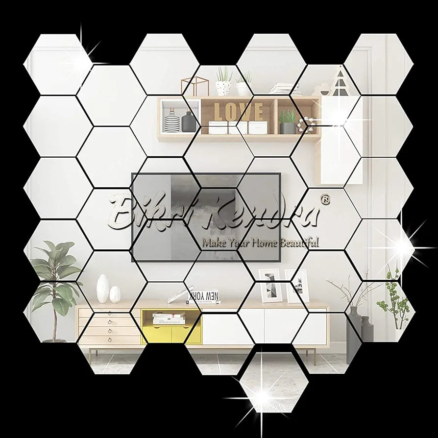 Bikri Kendra 32 Hexagon with 20 Butterfly Silver Mirror Stickers for Wall Hexagon Mirror Wall Stickers