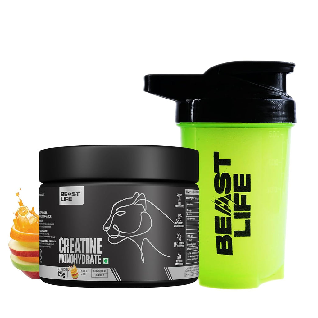 BeastLife Micronised Creatine Monohydrate with Free Shaker | 125g | 33 Servings | Tropical Tango | NABL Lab Tested | Rapid Absorption for Muscle Strength & Athletic Performance | Super Micronised Creatine Powder