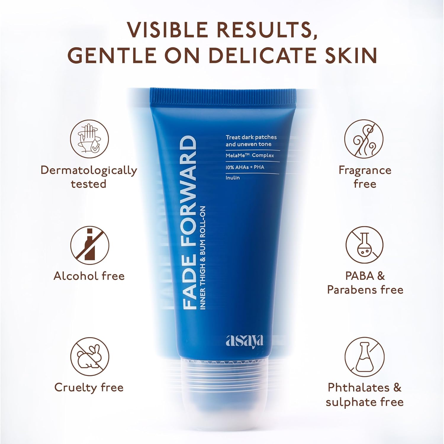 Asaya Fade Forward Inner Thigh & Bum AHA Roll-On | Pigmentation Removal Serum For Dark Inner Thighs & Buttocks | For Women & Men | Non-Sticky & Soothing | MelaMeâ„¢ Complex, 10% AHAs & PHA, Inulin | 70ml