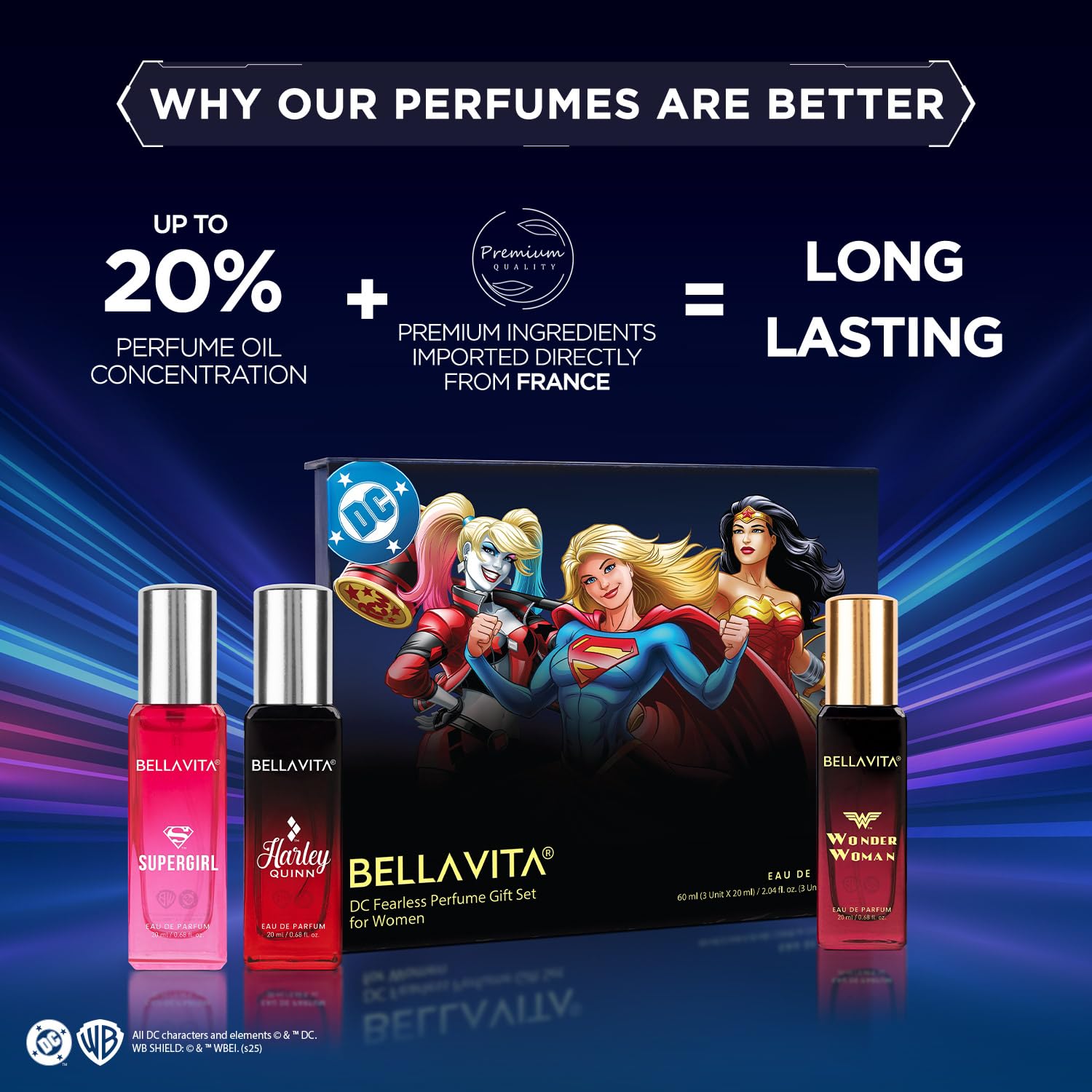 BELLAVITA DC Fearless 3x20ml | Perfume Gift Set for Woman | Gifts for Women | Rose, Jasmine and Patchouli | Floral, Fruity & Sweet Premium Fragrance Scent