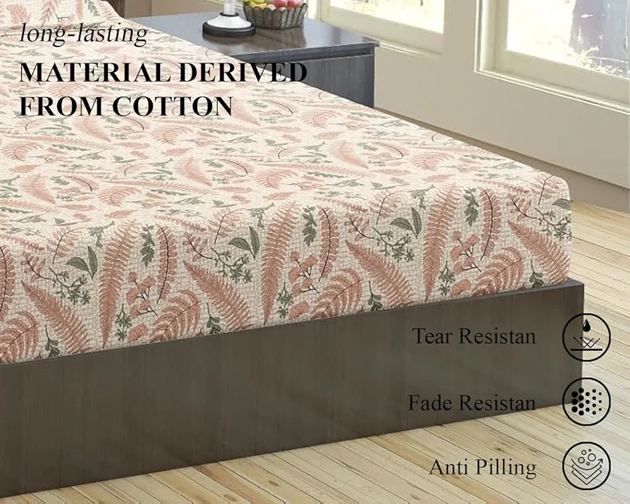 Trance Home Linen 100% Cotton 144Tc Elastic Fitted Bedsheet Printed King Bed Size with 2 Pillow Covers Colour Foliage Peach
