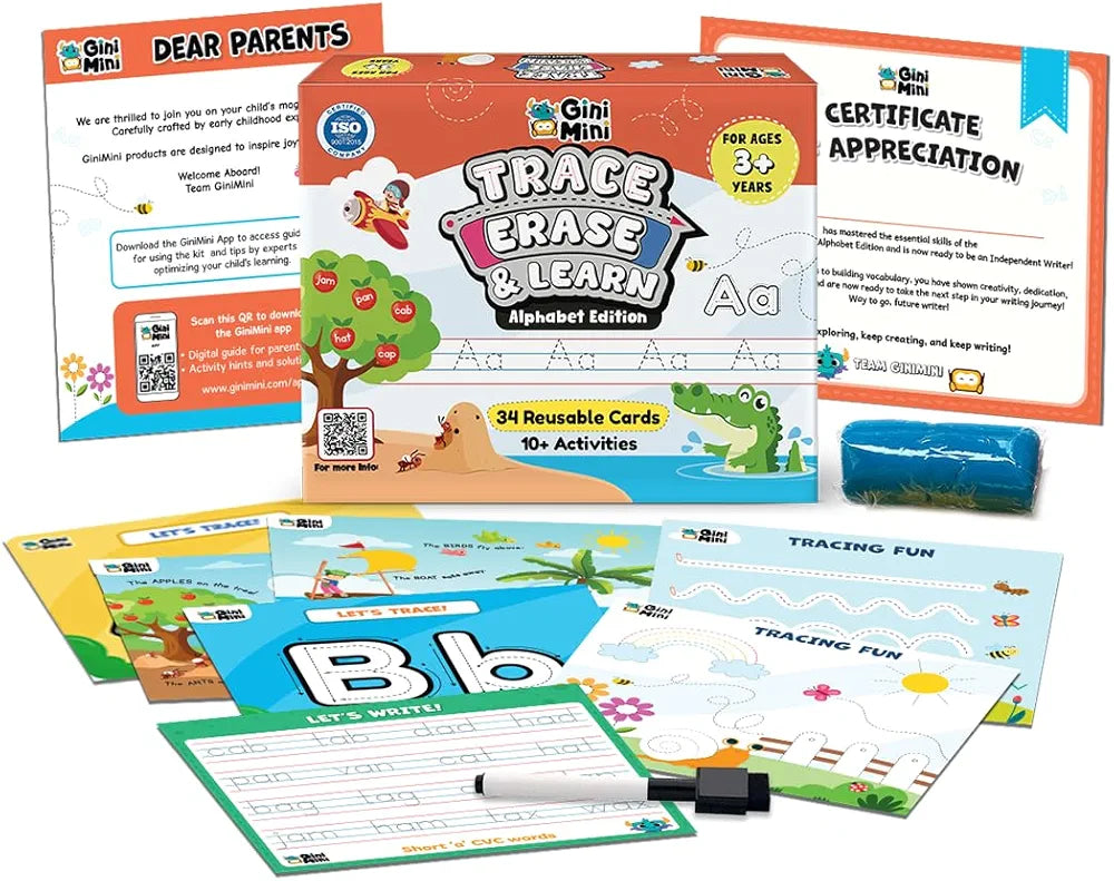 GiniMiniTrace Erase & Learn – 68 Pre-Writing Activity Cards for Kids 3–6 Tracing Counting Play-Doh Rewritable Travel-Friendly Fine Motor Skill Toy & Educational Gift Set