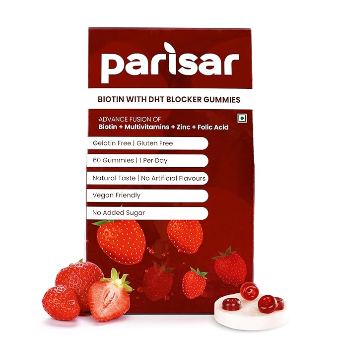 Parisar Pharma Biotin Gummies for Strong Shiny & Thick Hair Vitamin A to E - 60 Gummies