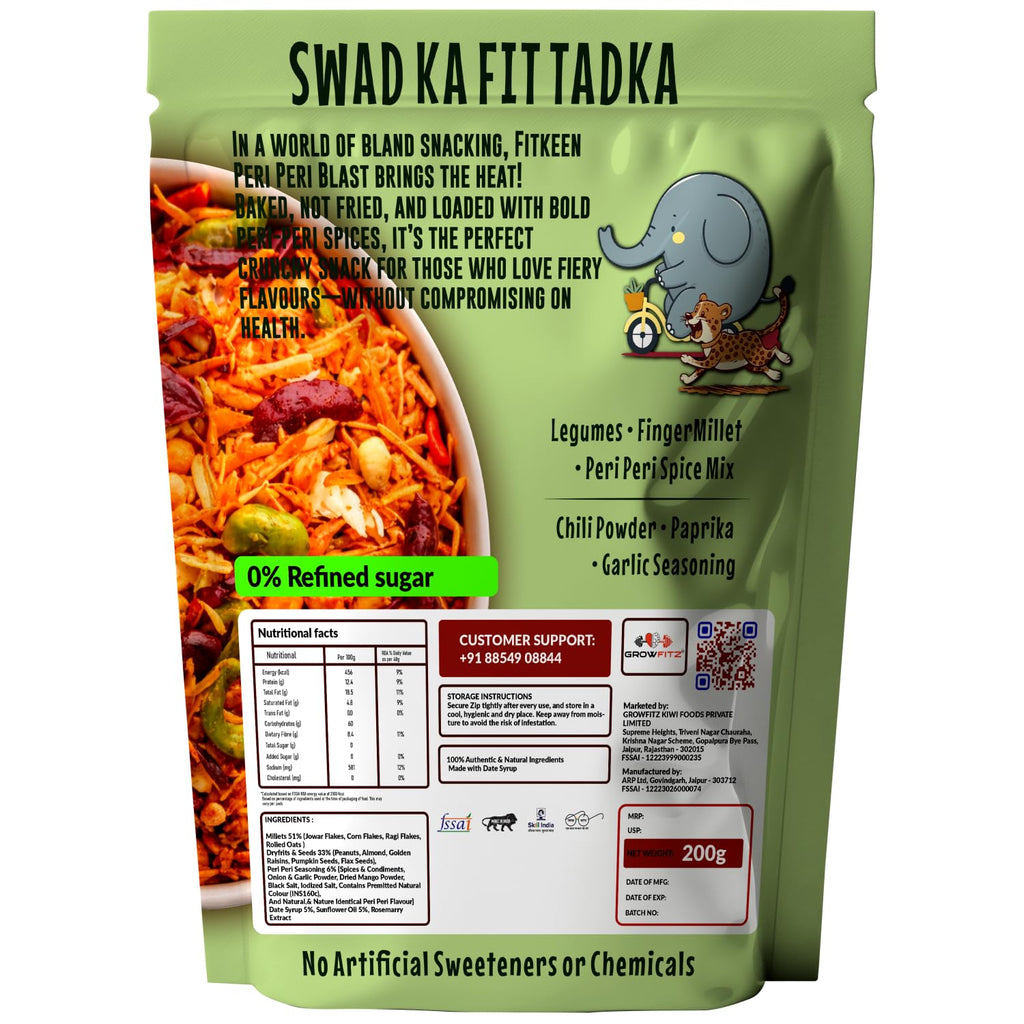 GROWFITZ Baked Namkeen Mixture 200g | Peri Peri Flavor | Non-Fried Millet Snack | 0% Palm Oil | 12.4g High Protein | Healthy Tea-Time Snack (200gram - Pack of 1, Peri Peri Spicy)