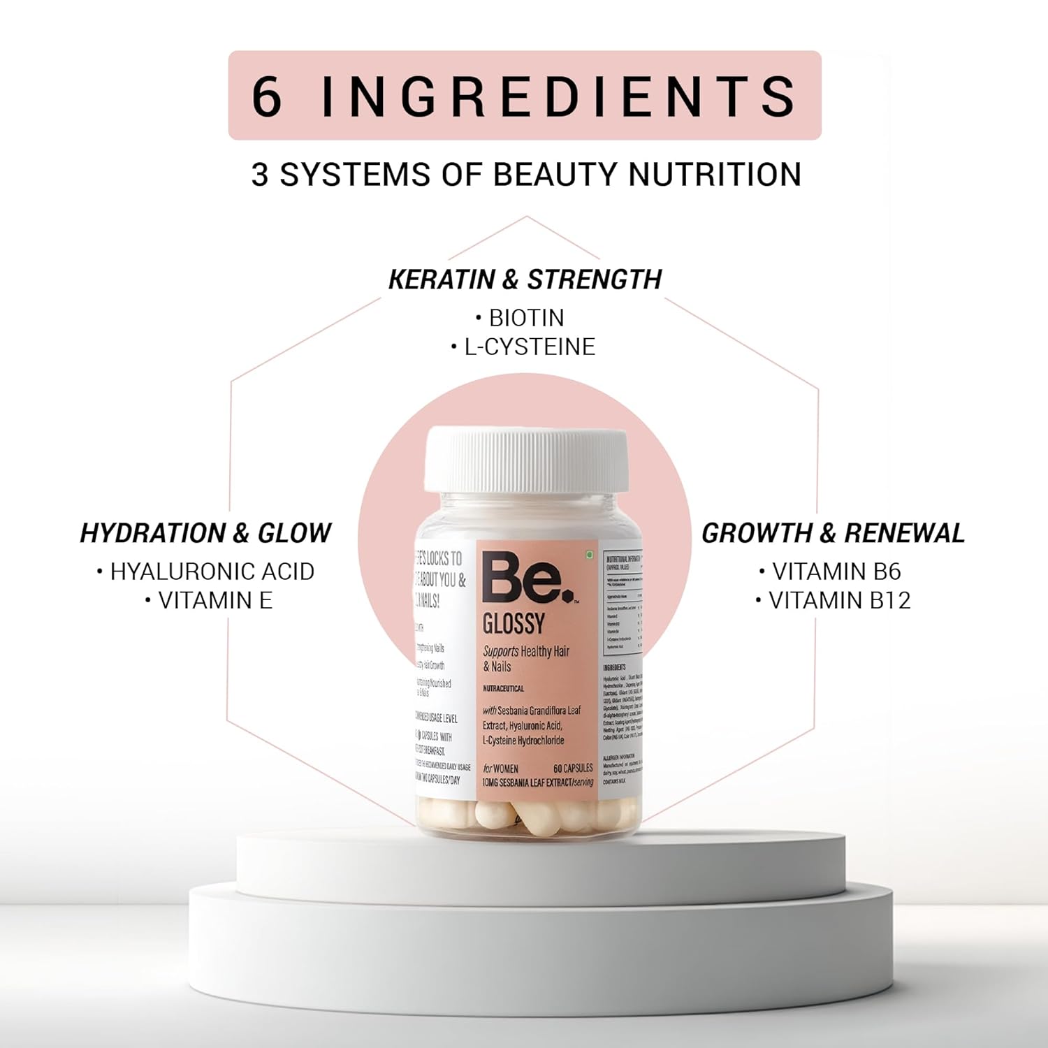 Be. Glossy Hair Supplements for Women | Biotin Tablets for Hair Growth & Nail Strength with Hyaluronic Acid, Vitamin E, Vitamin B12 Tablets & L-Cysteine | Hair & Nail Vitamins | 30 Day Supply | 60 Capsules