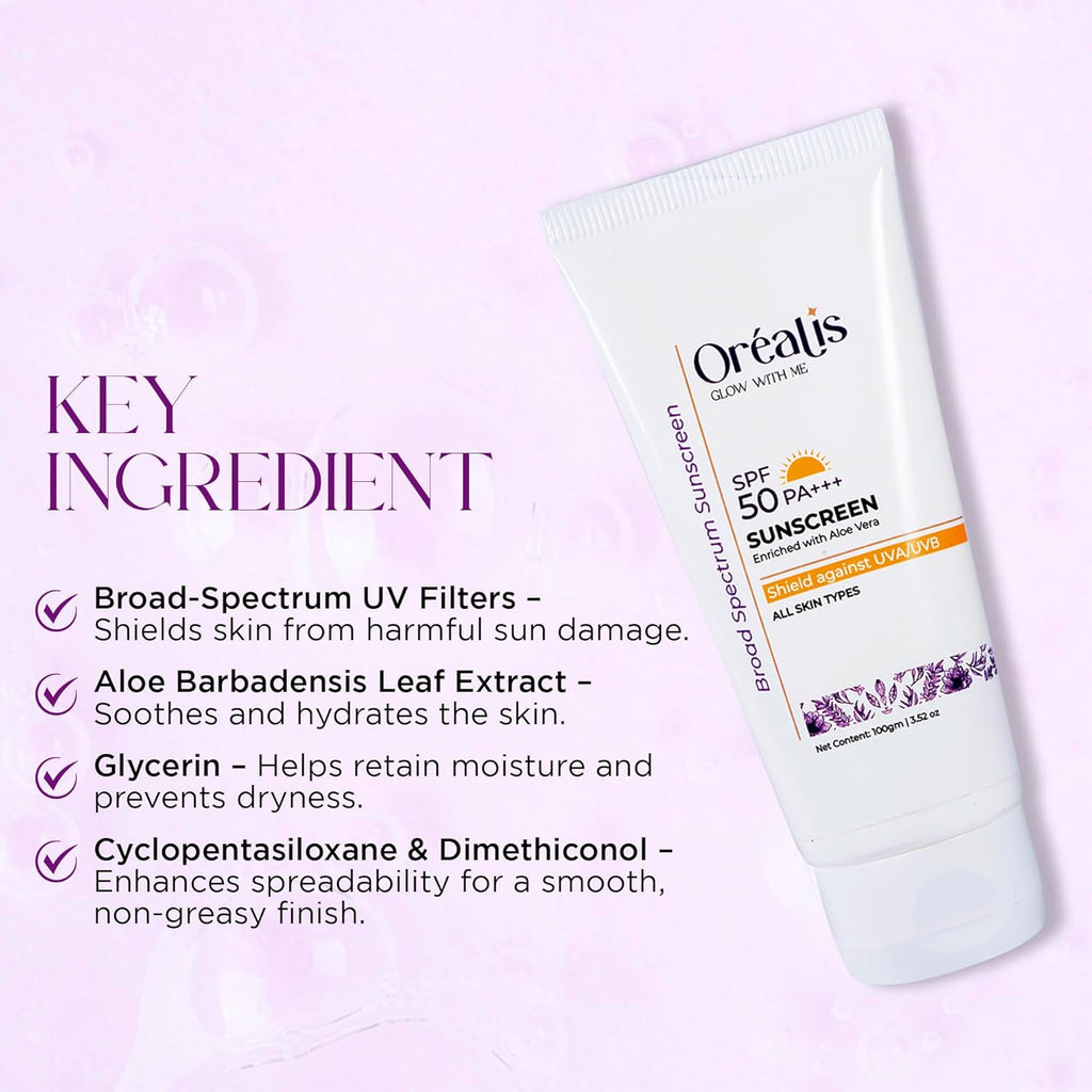 OrÃ©alis Sunscreen Cream 100gm with UVA UVB PA+ Protection | Moisturizer with Aloe Vera | Broad Spectrum Lightweight Non-Greasy Face Sunscreen for All Skin Types Men & Women