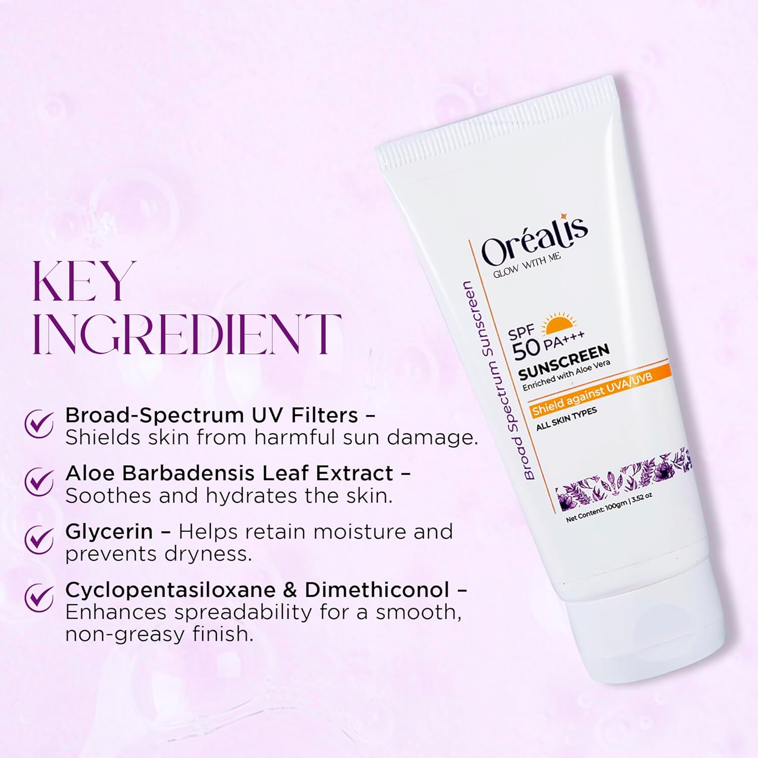 OrÃ©alis Sunscreen Cream 100gm with UVA UVB PA+ Protection | Moisturizer with Aloe Vera | Broad Spectrum Lightweight Non-Greasy Face Sunscreen for All Skin Types Men & Women
