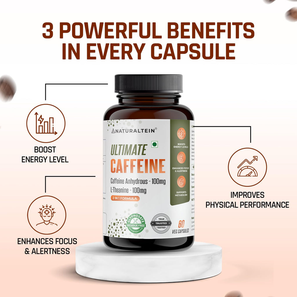 NATURALTEIN Ultimate Caffeine with L-Theanine | 100mg Caffeine + 100mg L-Theanine | Energy, Focus & Alertness Support | 2-in-1 Formula | 60 Veg Capsules