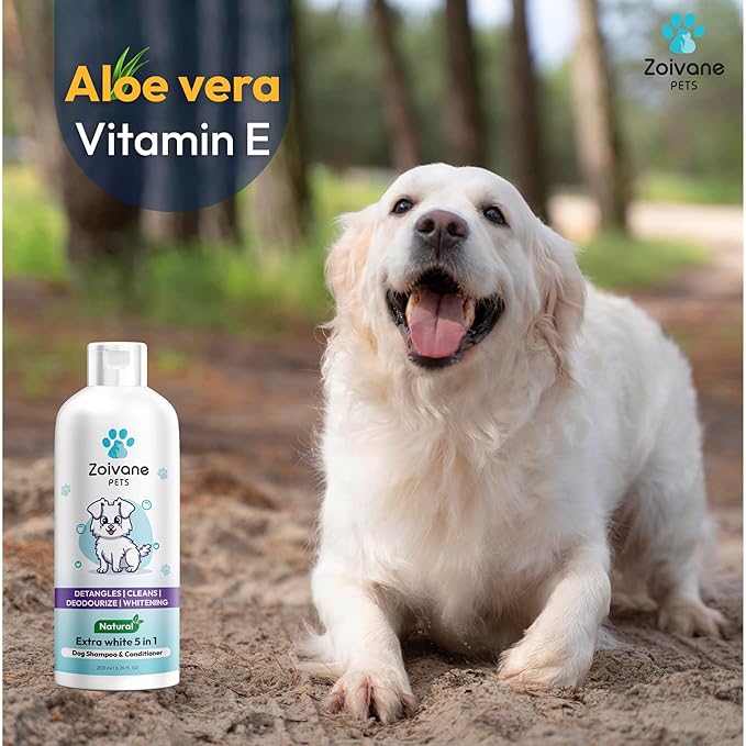 Zoivane Dog Shampoo - 200 Ml | Extra White 5 in 1 Dog Shampoo & Conditioner for Whitening, Glowing