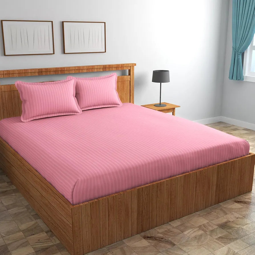 Homefab India 160 TC Stripe Glace Cotton Double BedSheet with 2 Pillow Covers Baby Pink