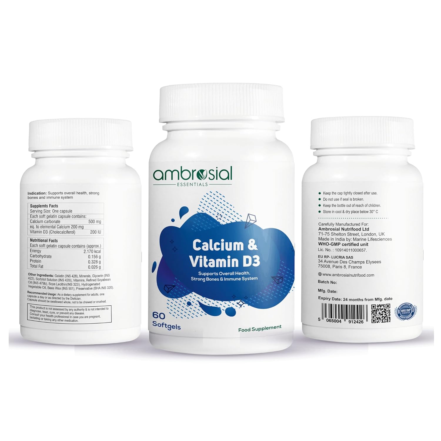 Ambrosial Calcium & Vitamin D3 tablets | High Potency Tablets for Women & Men | Calcium Supplements to Support Healthy Bones, Muscles & Teeths (Pack of 1-60 Softgels)