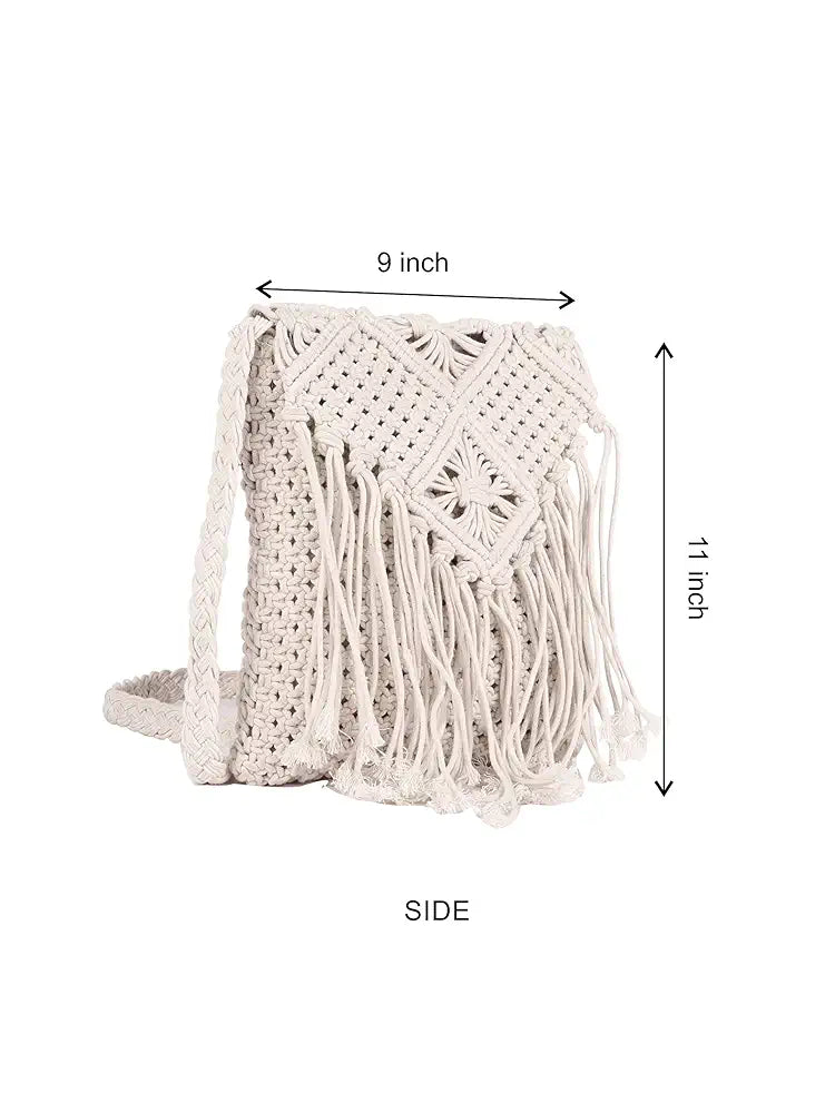 Astrid Handmade Macrame Flap Over Sling Bag For Girls And Women Colour Soothing White Purplish