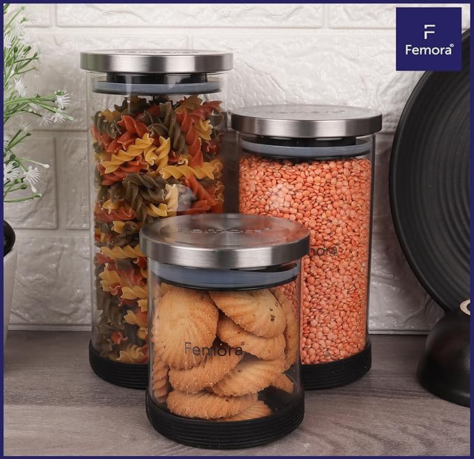 Femora Storage Jars Borosilicate Glass With Silicon Bottom Air Tight Jar With Steel Lid | 500 Ml | Pack of 2
