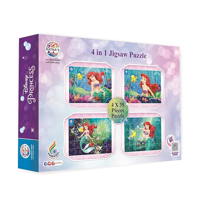 Ratna's 4 in 1 Disney Jigsaw Puzzle 140 Pieces for Kids | 4 Jigsaw Puzzles 35 Pieces Each | Mermaid Ariel