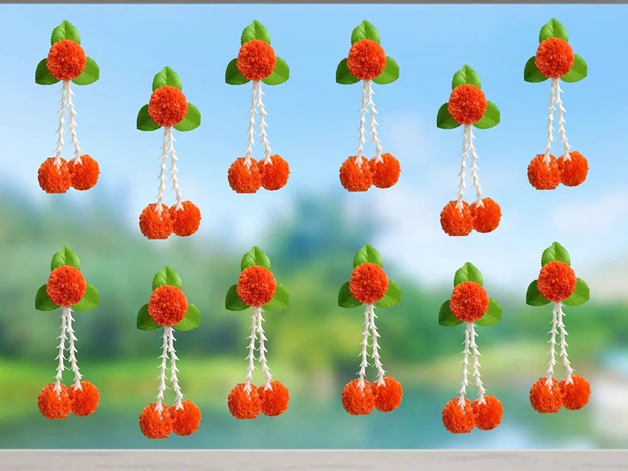Artificial Flowers and Leaves Decoration Pack of 12 - Orange & Green