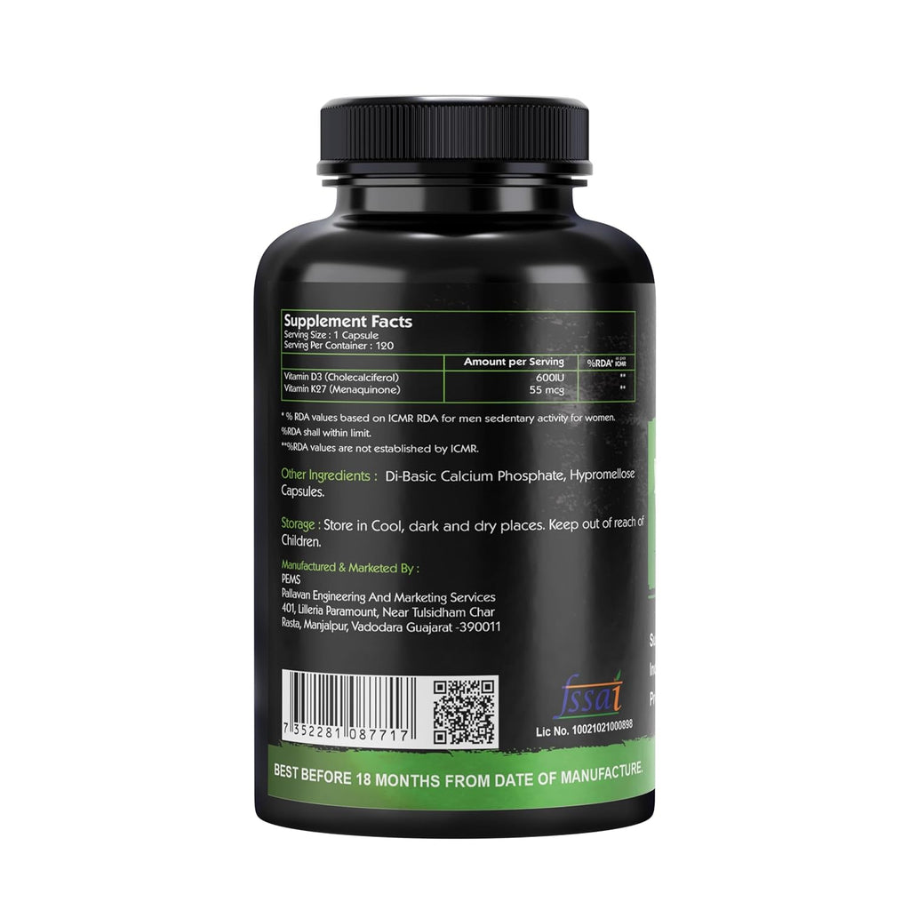 Go Organic Plant based organic Vitamin D3 Vitamin D3 + K2 Capsules, Vitamin K2-7 to Support Bone & Heart Health in Men & Women – 120 Capsules,Plant-Based Vitamin D3K2