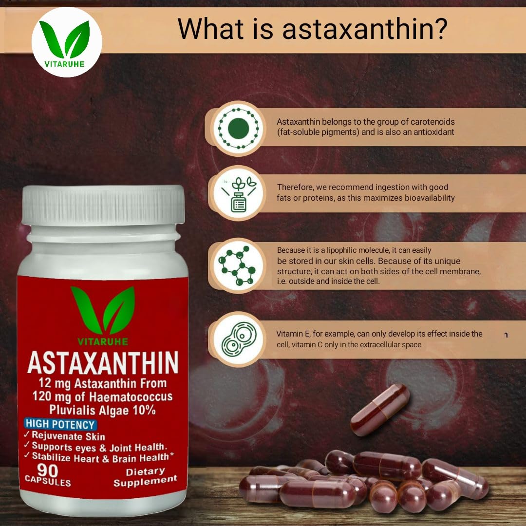 VITARUHEÂ® Astaxanthin Supplement High Dose & Vegan, 12 mg Natural Astaxanthin Powder from Blood Rain Algae, 90 Capsules for 3 Months, No Additives