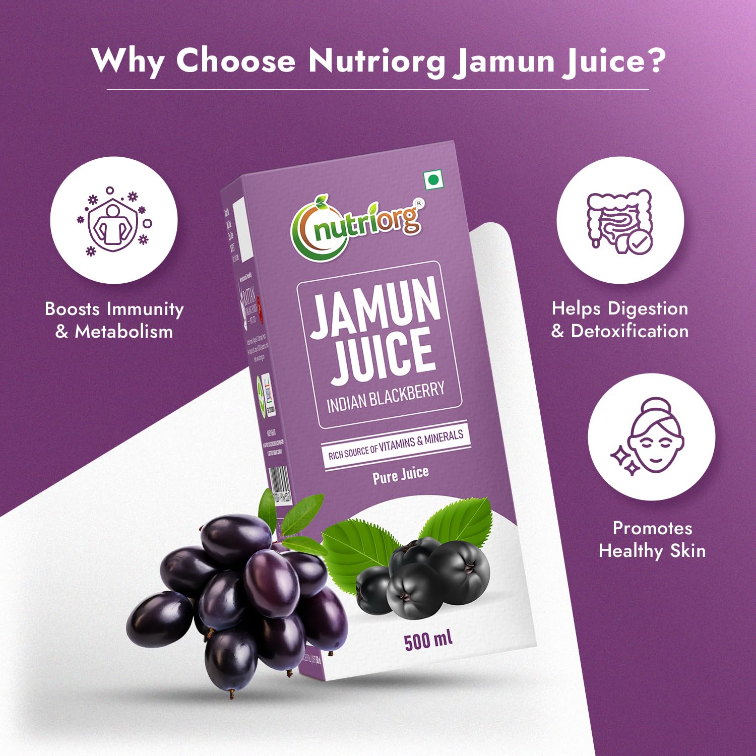 Nutriorg Jamun Juice | 500 ml | Pure Jamun Juice for Diabetes Care | Controls Blood Sugar Levels | Blood Purification | No Added Sugar, Preservatives, or Colors