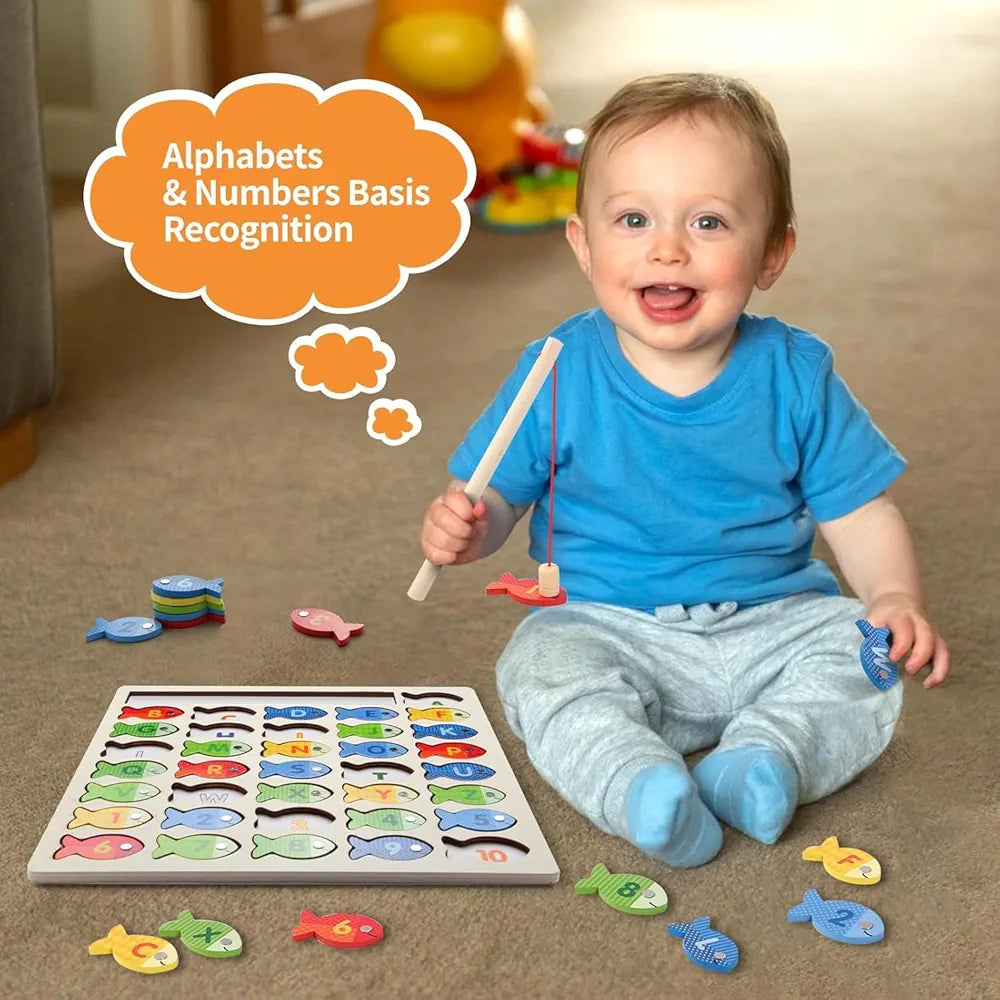 Lefan Wooden Magnetic Fishing Game for Toddlers, Montessori Fine Motor Skills Toy with Letters and Numbers, Preschool Learning ABC and Puzzle Birthday Toys Gift for 3 4 5 6 7 8+ Year Old Kids