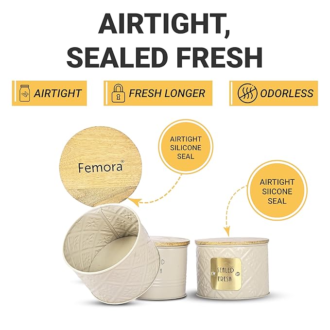 Femora Kitchen Storage Jars Tin Jar With Wooden Lid Air Tight Jar | 300 Ml | Set of 4