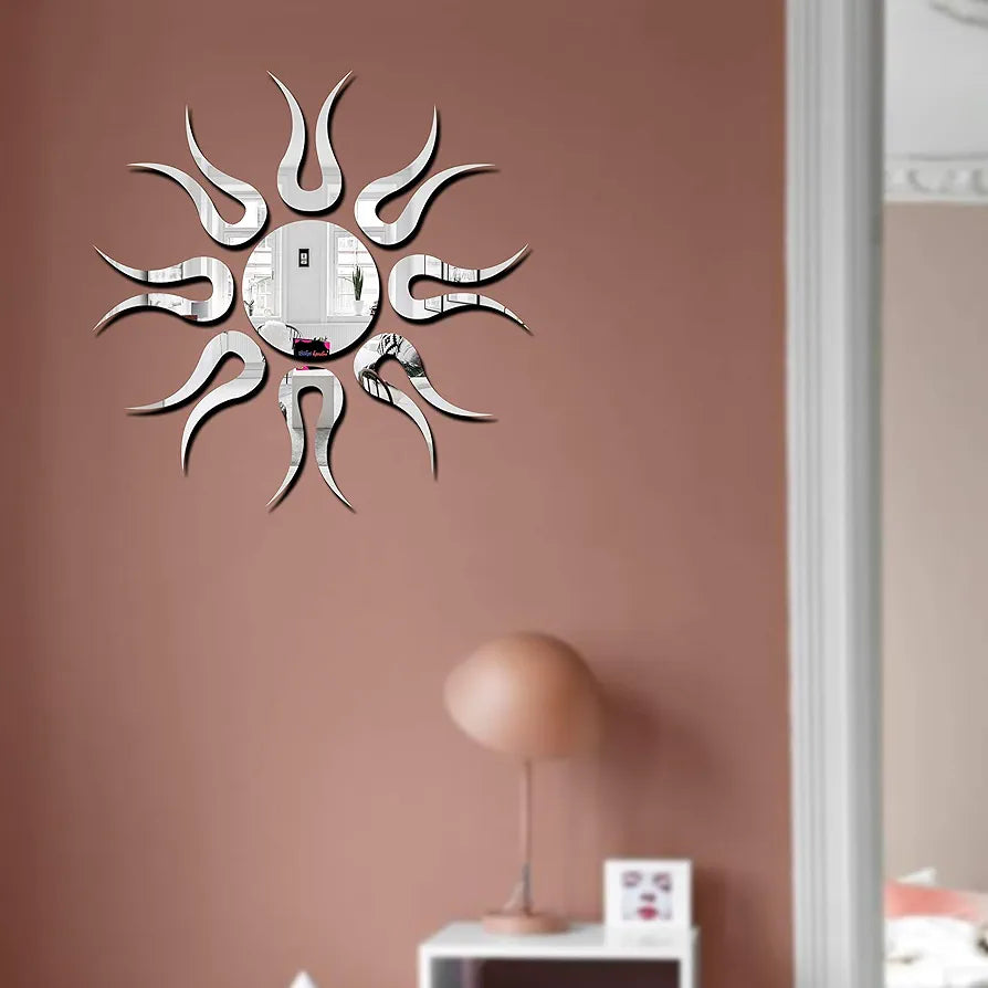 Bikri Kendra Sun Silver Model-13 Mirror Stickers for Wall, Acrylic Mirror Wall Decor Sticker