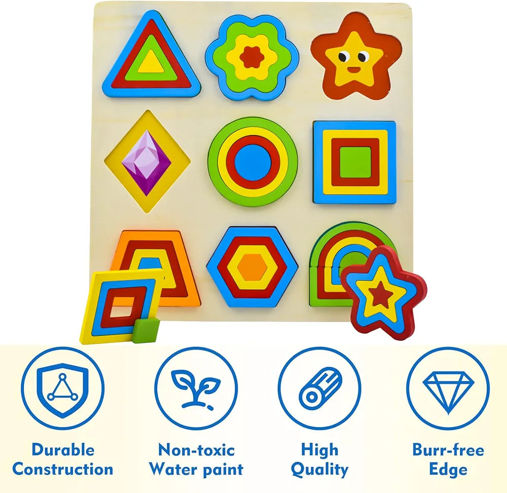 Wishkey Wooden Shapes Puzzle Learning Toy, Montessori Brain Teaser Puzzle Board with 9 Geometric Shapes, Interactive Game Educational Toys
