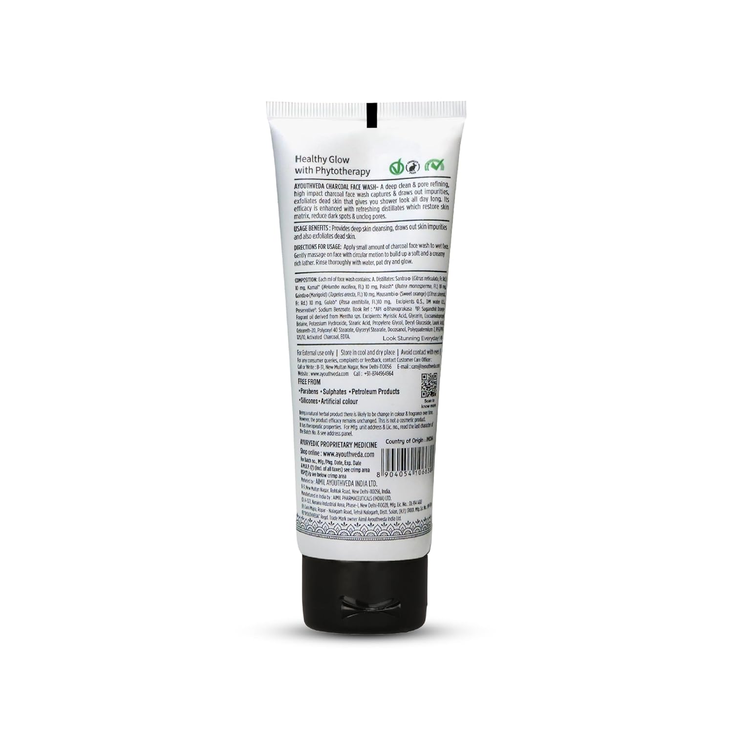 Ayouthveda Activated Charcoal Face Wash | Bamboo Charcoal & Floral Distillates | Deep Cleansing, Anti-Pollution, Oil Control & Brightening | Ayurvedic Non-Drying Cleanser | Maintains Skin Moisture Balance | For Men & Women | 100ml (Pack of 1)