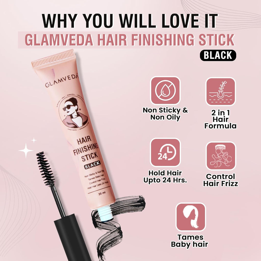 GLAMVEDA Black Hair Finishing Stick for Frizzy Hair | Anti-Frizz Hair Fix Stick for Flyaways & Baby Hair | Non-Sticky & Non-Greasy Formula | Long-Lasting Hold with Rice Water | 20ml
