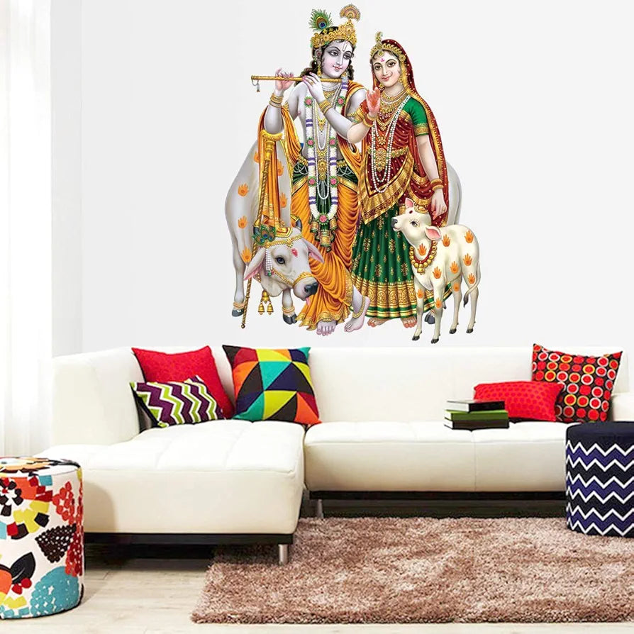 Rangoli Vinyl Religion Wall Sticker ‎Cow With Radha Krishna Modern Art 1.96 x 20.86 x 1.96 inches Multicolour