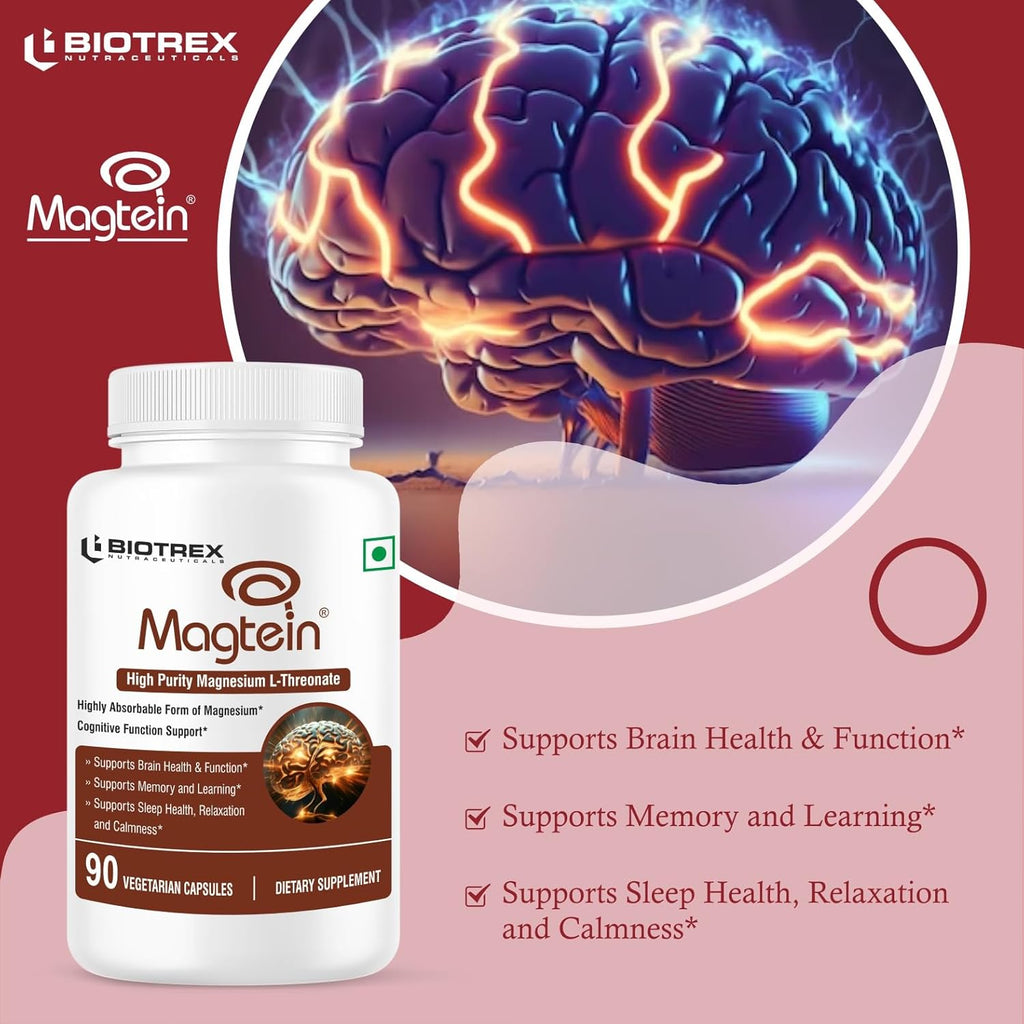 Biotrex Nutraceuticals Magtein Magnesium L Threonate Supplement â€“ Supports Cognitive Function, Memory & Sleep â€“ Magnesium L-Threonate for Brain Health â€“ 90 Veg Capsules â€“ Highly Bioavailable Formula