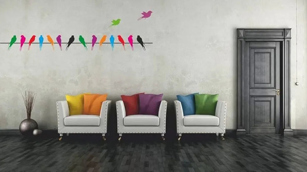 Decals Design Colourful Birds with Long Tail on Wire Wall Sticker
