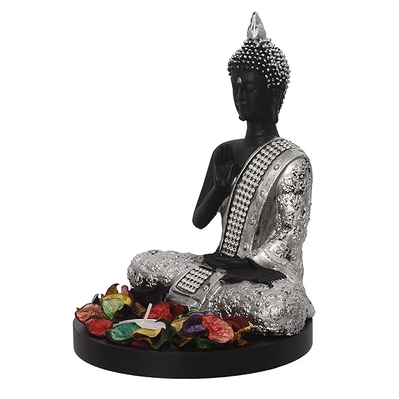 Ecraftindia Handcrafted Meditating Lord Buddha Polyresin Idol | Silver