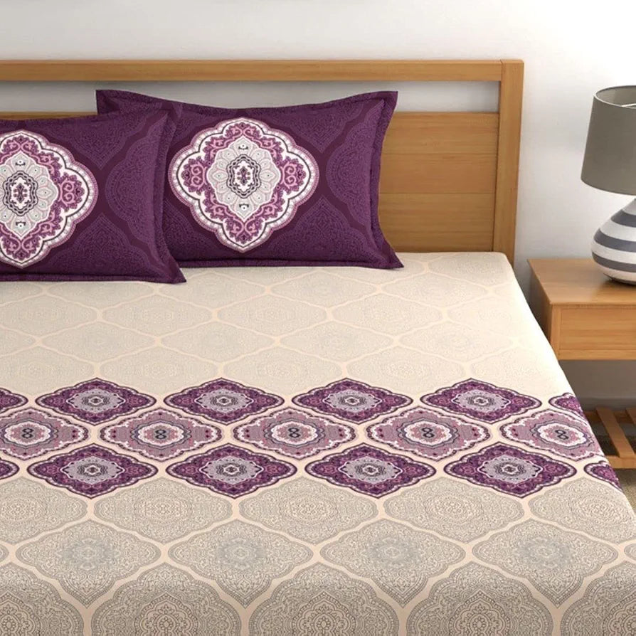 Dreamscape 140 TC Cotton Double Printed Bedsheet with 2 Pillow Covers Grape Purple