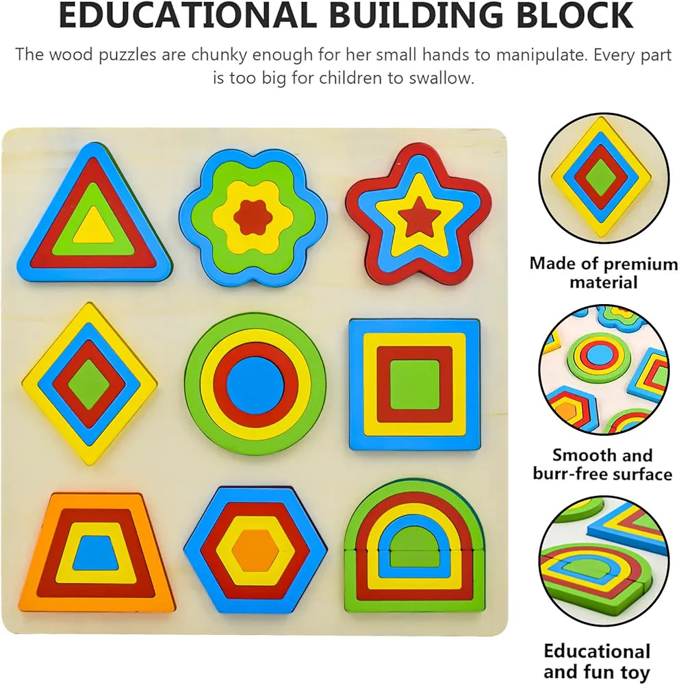 Wishkey Wooden Shapes Puzzle Learning Toy, Montessori Brain Teaser Puzzle Board with 9 Geometric Shapes, Interactive Game Educational Toys