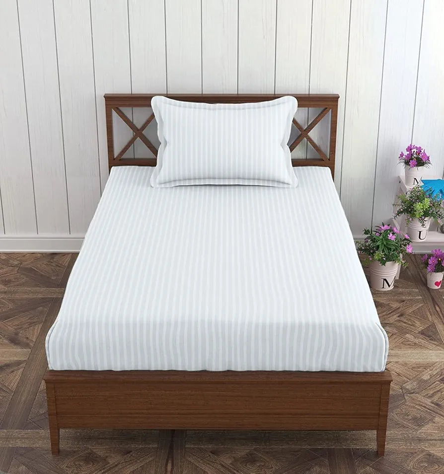 Trance Home Linen 100% Cotton 78x36 inch Single Fitted 200TC Satin Stripe Elastic Fitted Bedsheet with 1 Pillow Covers Colour White