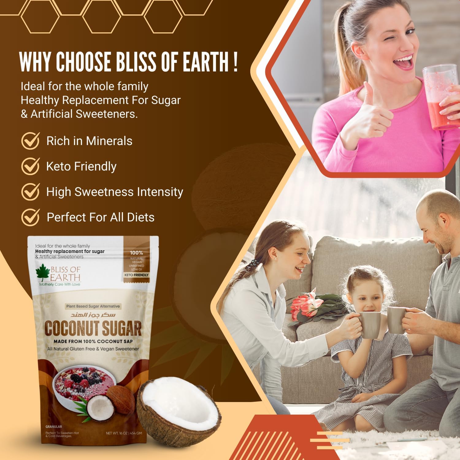 Bliss of Earth Coconut Sugar Organic 454gm | Natural Unrefined & Vegan Palm Sugarg Sweetener | Gluten-Free & Keto Friendly Sugar Substitute | Natural Sugar Alternative for Coffee, Tea, Baking & Smoothies