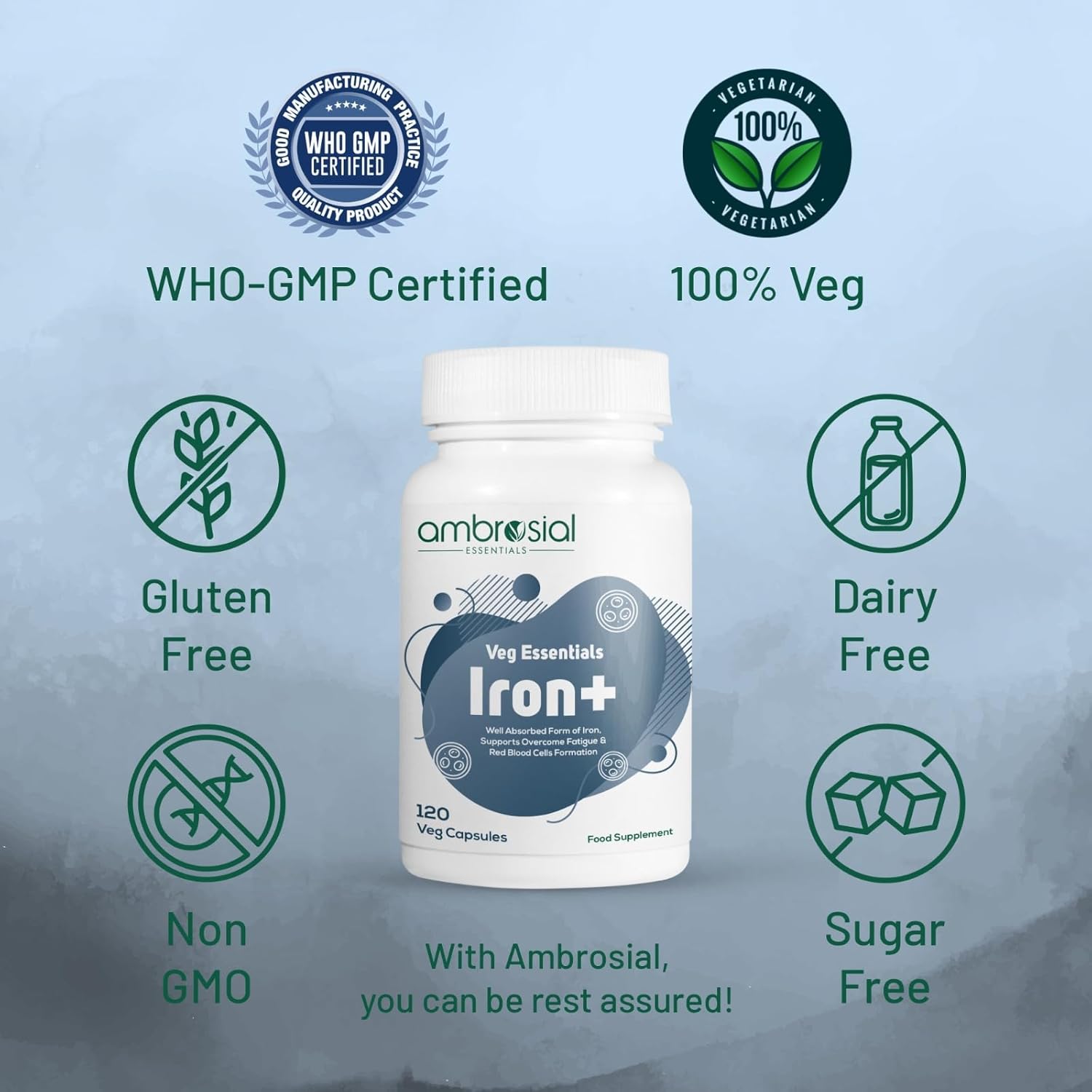 Ambrosial Iron Tablets High Strength 25mg| Iron Supplement for Women & Men| Blood Support & Helps Reduce Tiredness & Fatigue | Enhanced Absorption & Non - Constipating (Pack of 1-120 Capsules)