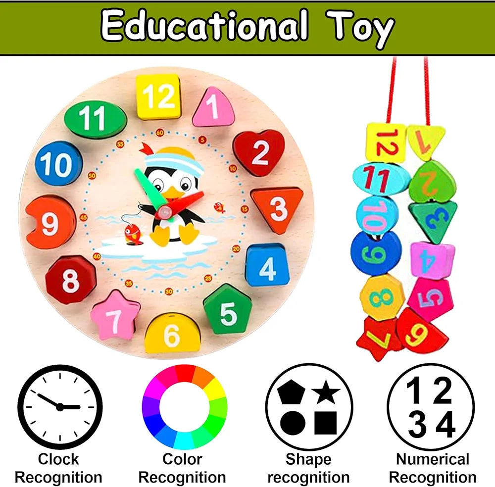 Wishkey Wooden Learning Clock with Bead Lace, Educational Digital Analog Numbers, Shape & Color Learning Montessori Toy for Kids