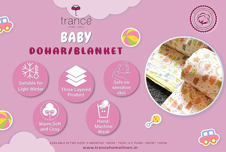 Trance Home Linen Pure Malmal Cotton Multipurpose Baby Dohar 3-Layered Baby Swaddle Blanket Crib Blanket Colour Ducks