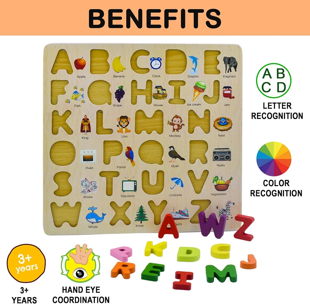 Wishkey 3d wooden capital alphabet puzzles with pictures for children, montessori educational learning letters puzzle board toy- Multi color