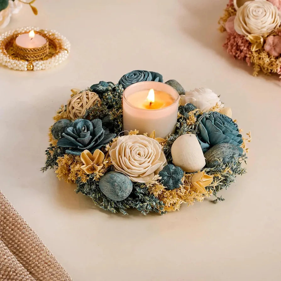 Shola Flower Wreath Handcrafted Eco-Friendly Wall Decor with Dried Flowers Rattan Balls & Jute Frame for Timeless Elegance
